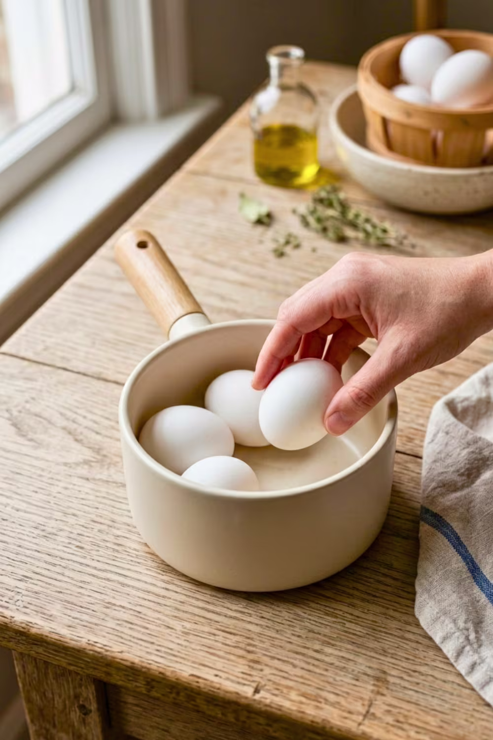 placing eggs in saucepan for hard boiled eggs recipe