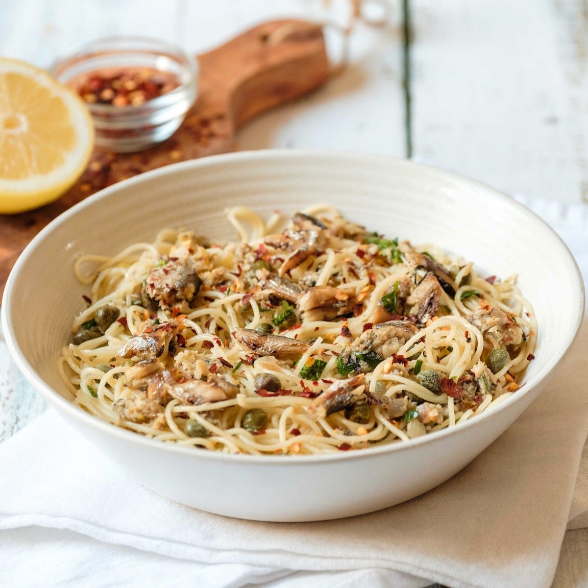Image for Mediterranean Sardine Pasta with Lemon, Capers and Chili Flakes