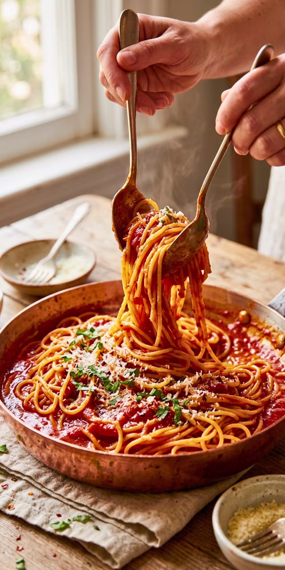 finishing pasta in sauce