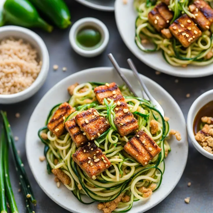 Sesame Ginger Zucchini Noodles with Crispy Tempeh