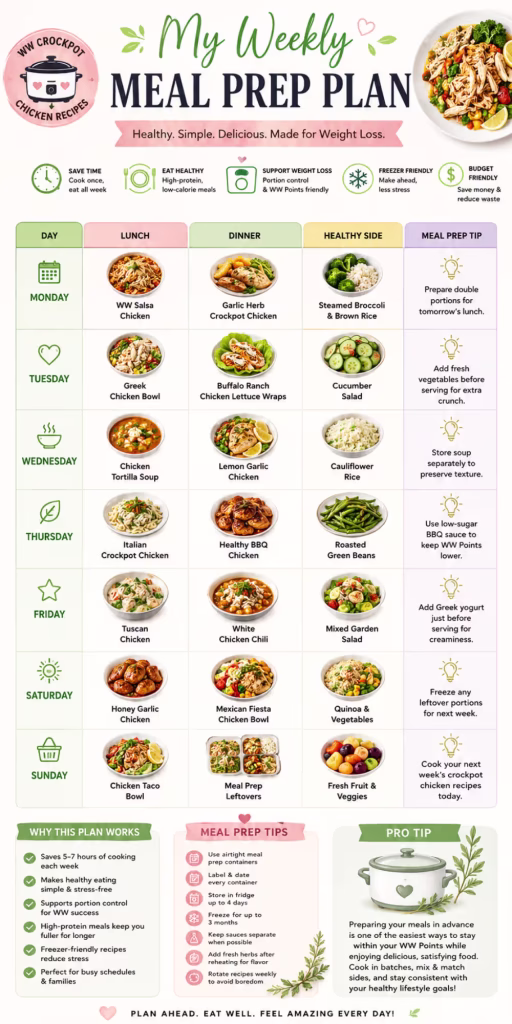 7 day meal plan for WW Crockpot Chicken Recipes
