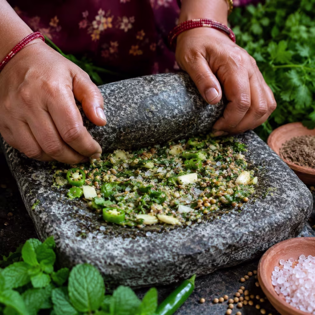 Hand grinding Pisyu Loon on a traditional stone grinder