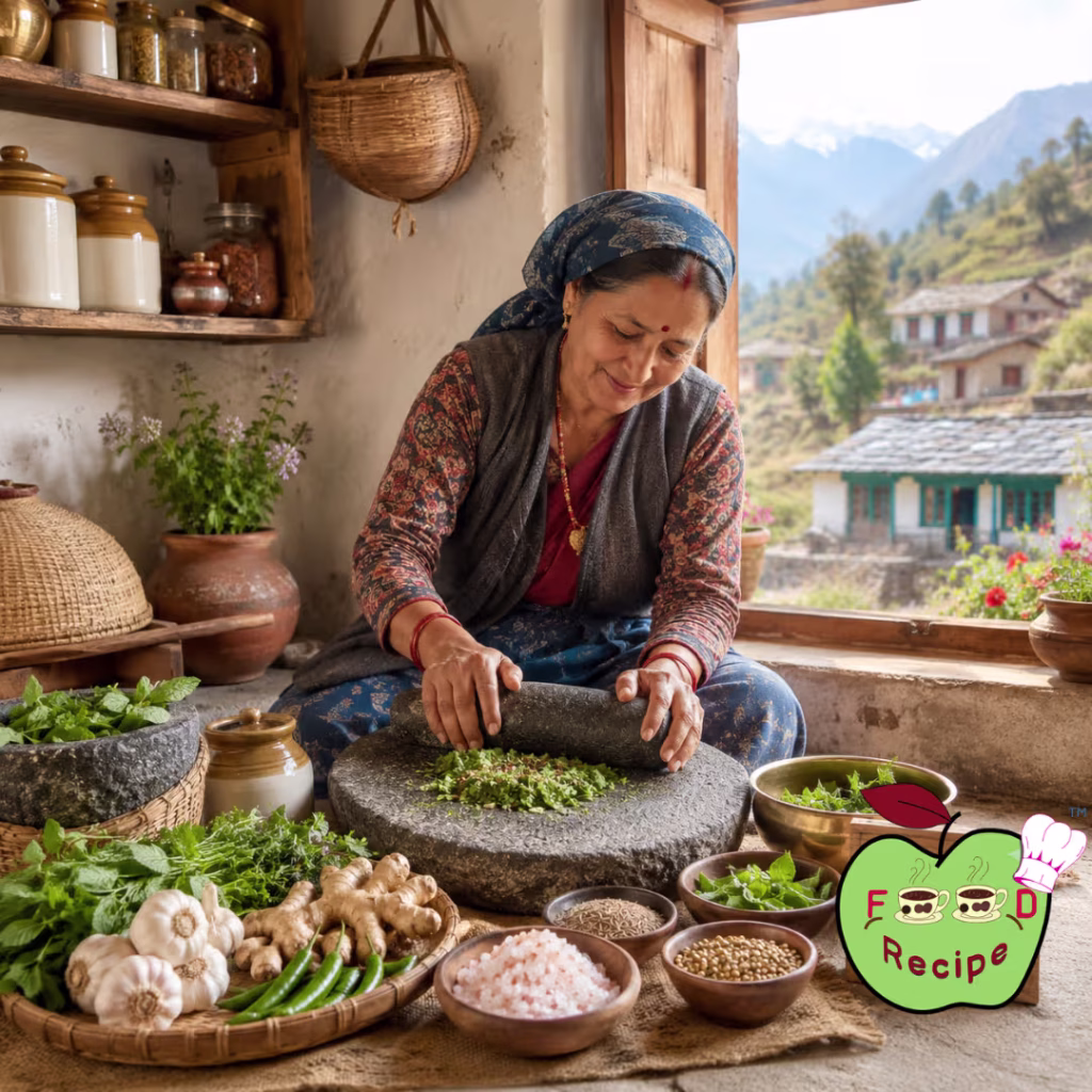 Traditional Himalayan kitchen preparing Pisyu Loon seasoning