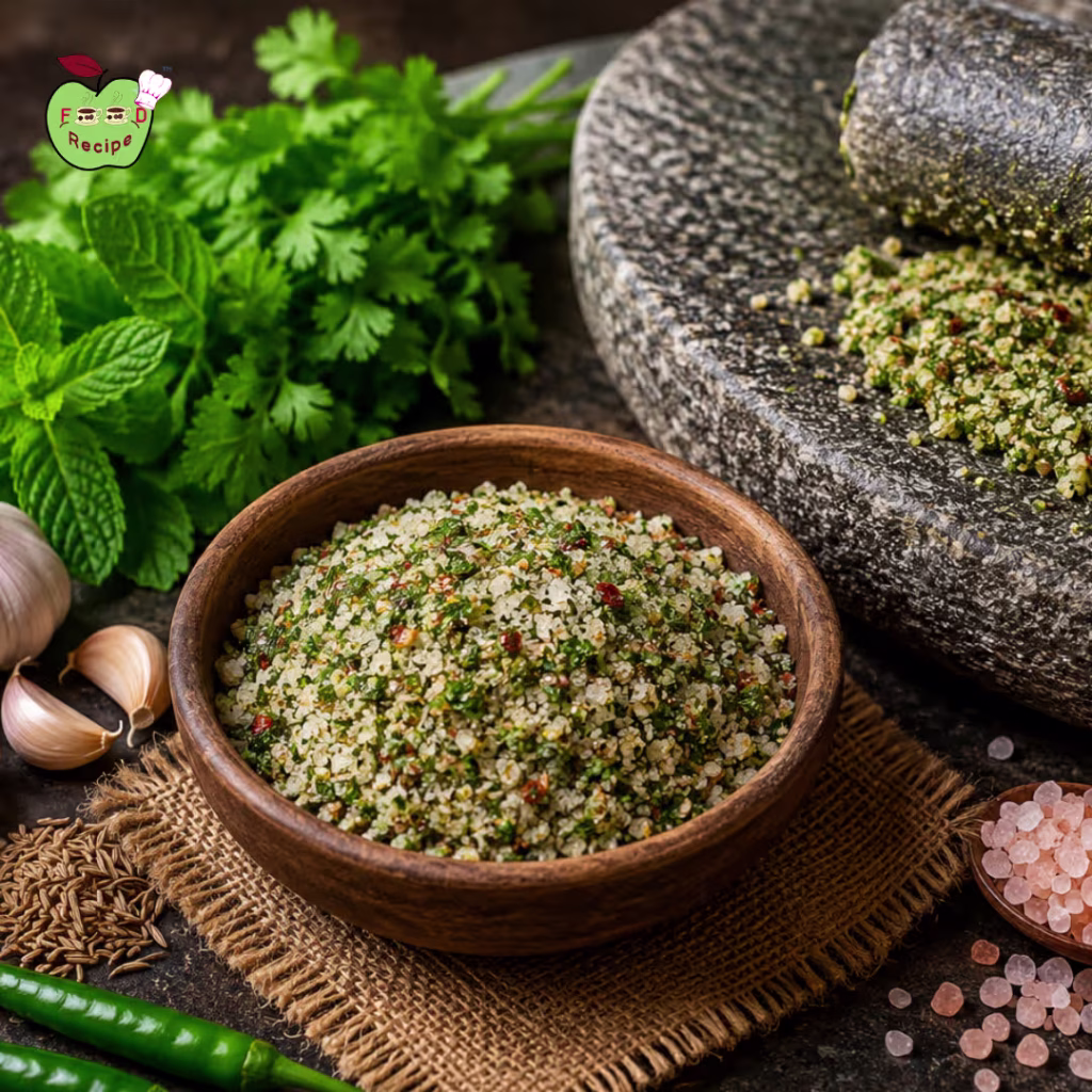 Traditional Pisyu Loon being prepared on a stone grinder with fresh herbs and Himalayan rock salt