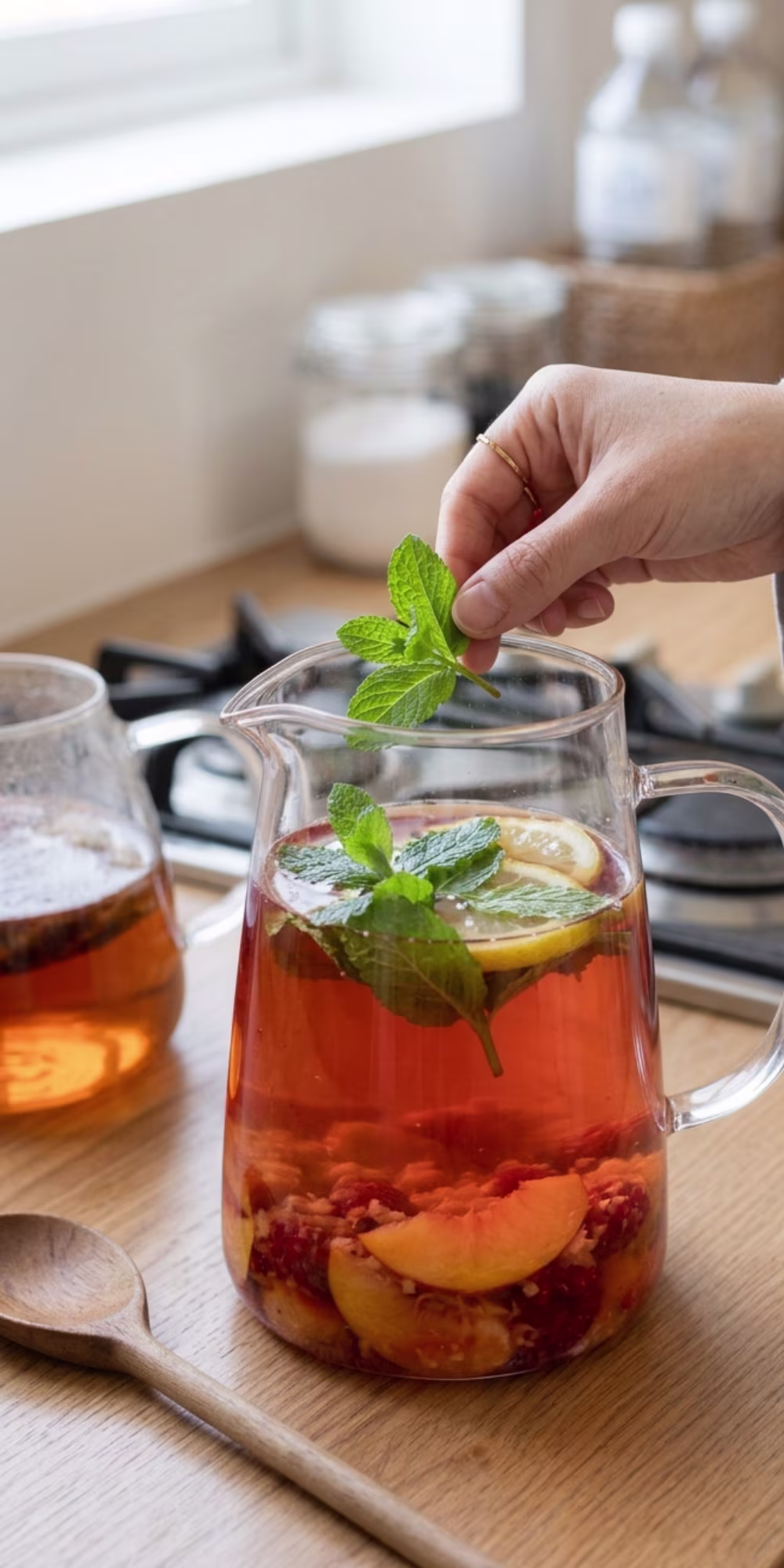 Best Peach Raspberry Fruit Infused Iced Tea | Refreshing Summer Drink That's Naturally Sweet & Easy 23 Fresh mint leaves and lemon slices added to iced fruit tea