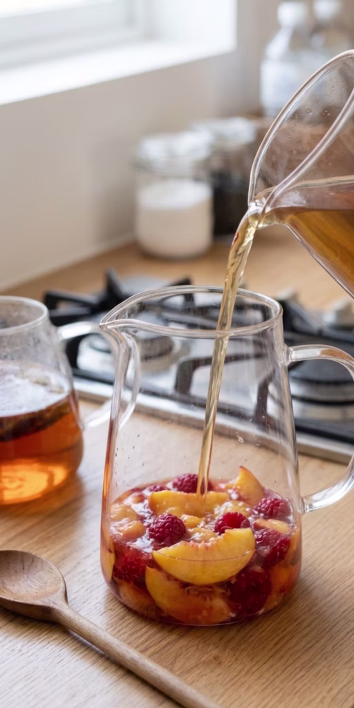 Best Peach Raspberry Fruit Infused Iced Tea | Refreshing Summer Drink That's Naturally Sweet & Easy 22 Cooling freshly brewed tea before adding peaches and raspberries