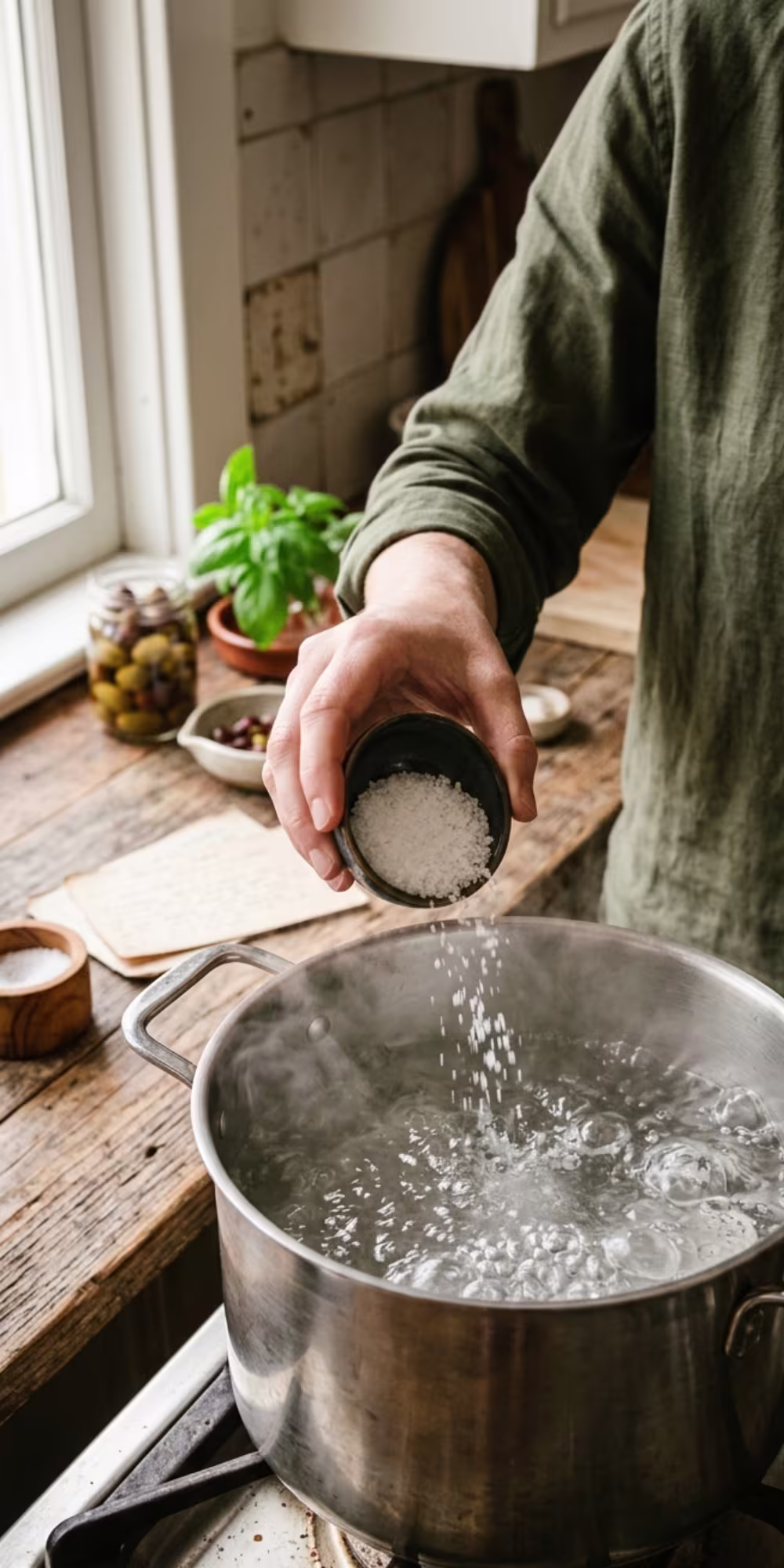 Adding salt to boiling pasta water