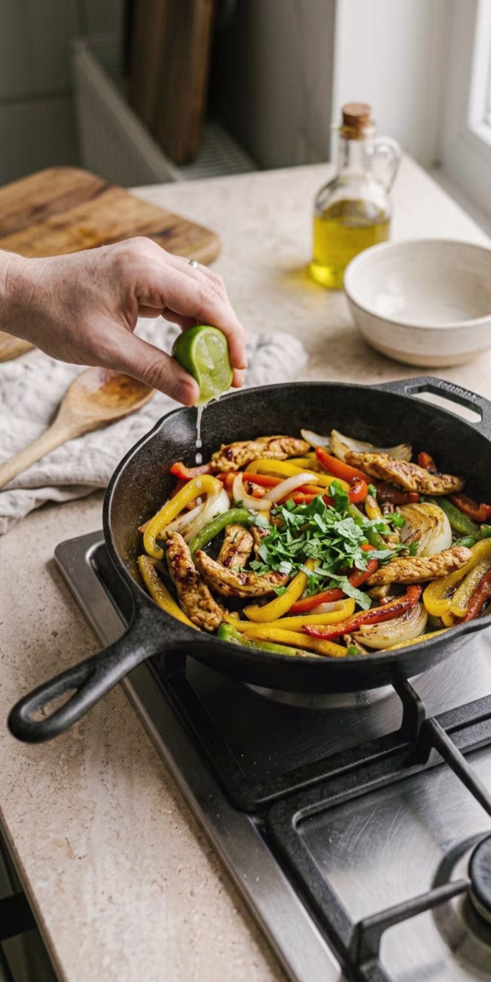 Chicken mixed with peppers and onions in skillet