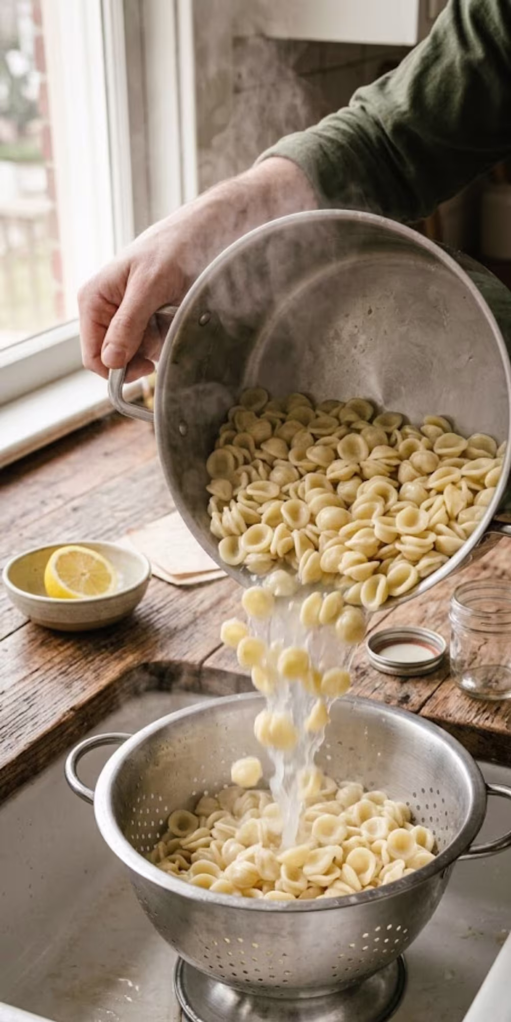 Draining cooked orecchiette pasta
