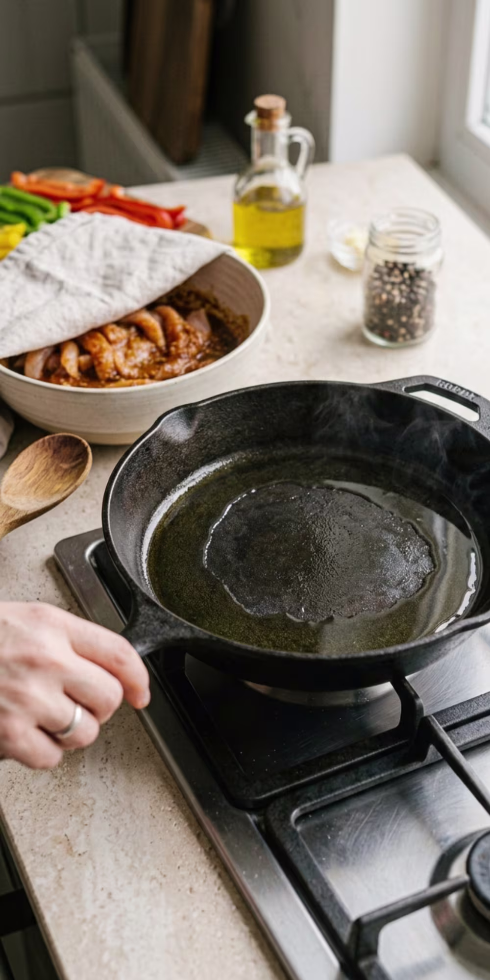 Hot cast iron skillet ready for cooking chicken fajitas