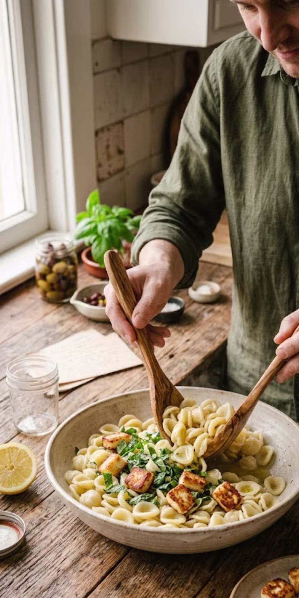 Orecchiette Salad With Halloumi Croutons | The Mediterranean Pasta Salad I Make Every Summer 11 Mixing warm orecchiette with lemon dressing