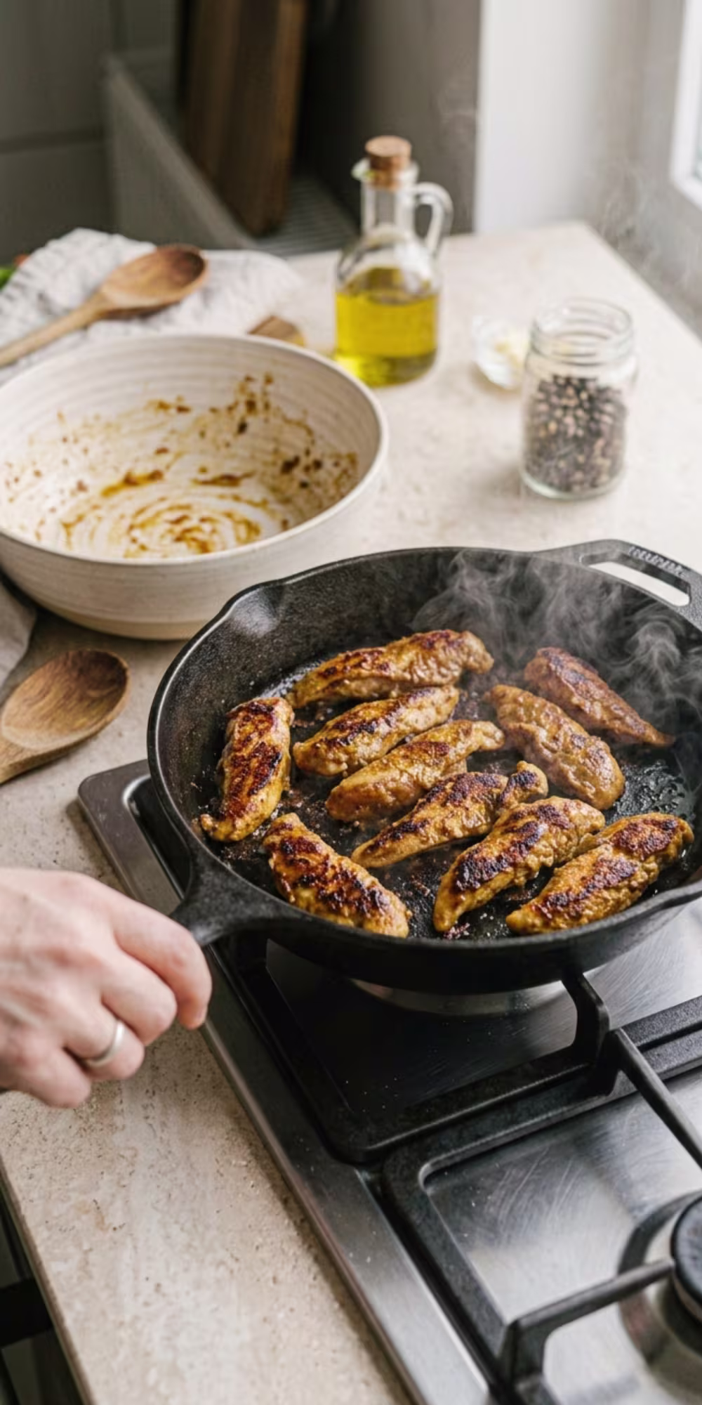 Searing marinated chicken strips in a cast iron skillet