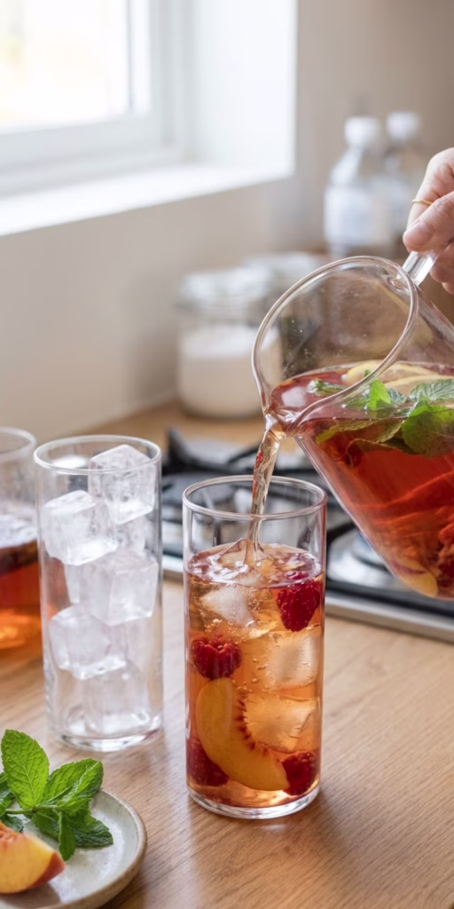 Best Peach Raspberry Fruit Infused Iced Tea | Refreshing Summer Drink That's Naturally Sweet & Easy 24 Serving homemade peach raspberry fruit infused iced tea over ice