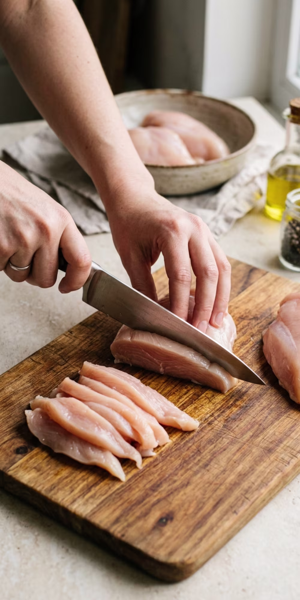 Slice boneless chicken breast into thin strips for homemade chicken fajitas