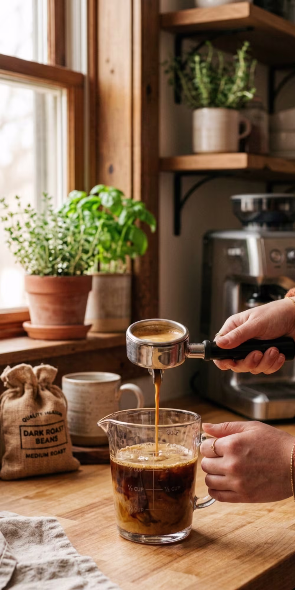 Fresh espresso shot poured into iced dirty chai cold brew