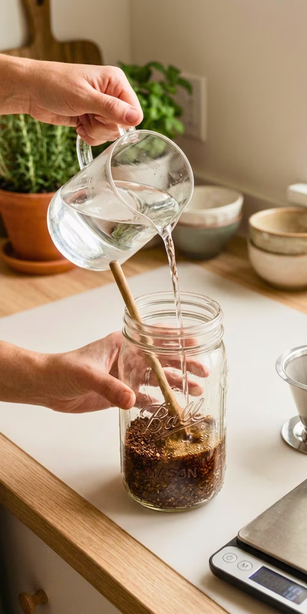 Pouring filtered water over coarse coffee grounds