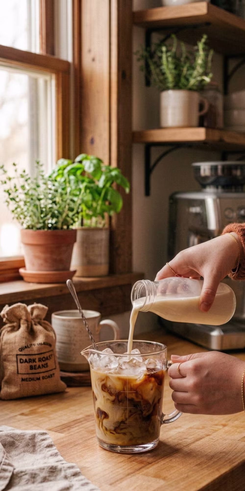 Pouring oat milk into iced dirty chai cold brew