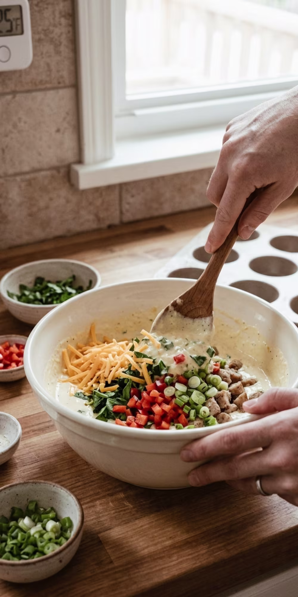 Adding chopped vegetables and shredded cheese to egg mixture