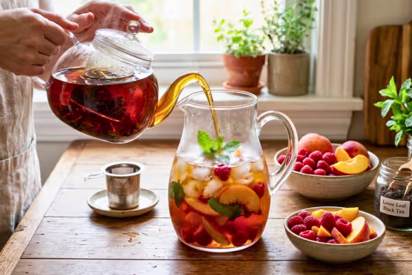 Freshly brewed black tea for peach raspberry fruit infused iced tea recipe