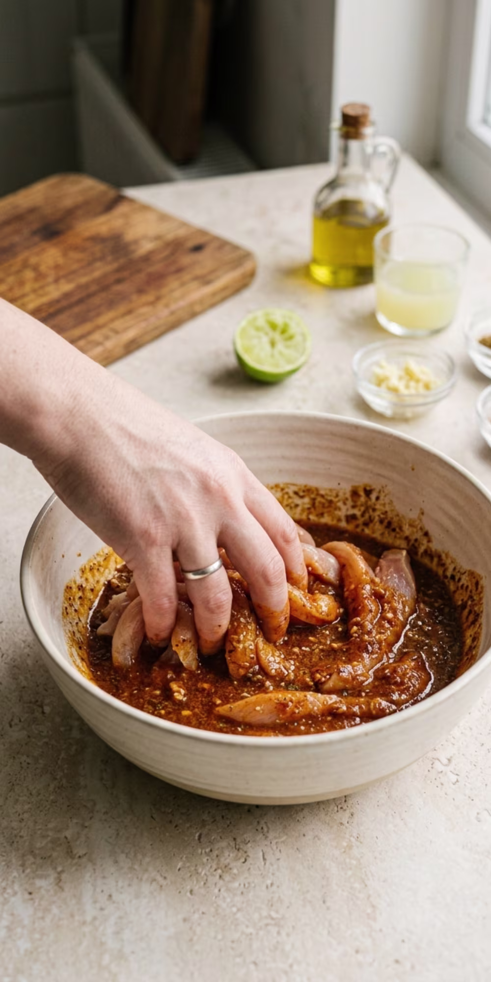 Homemade chicken fajita marinade with spices lime garlic and olive oil