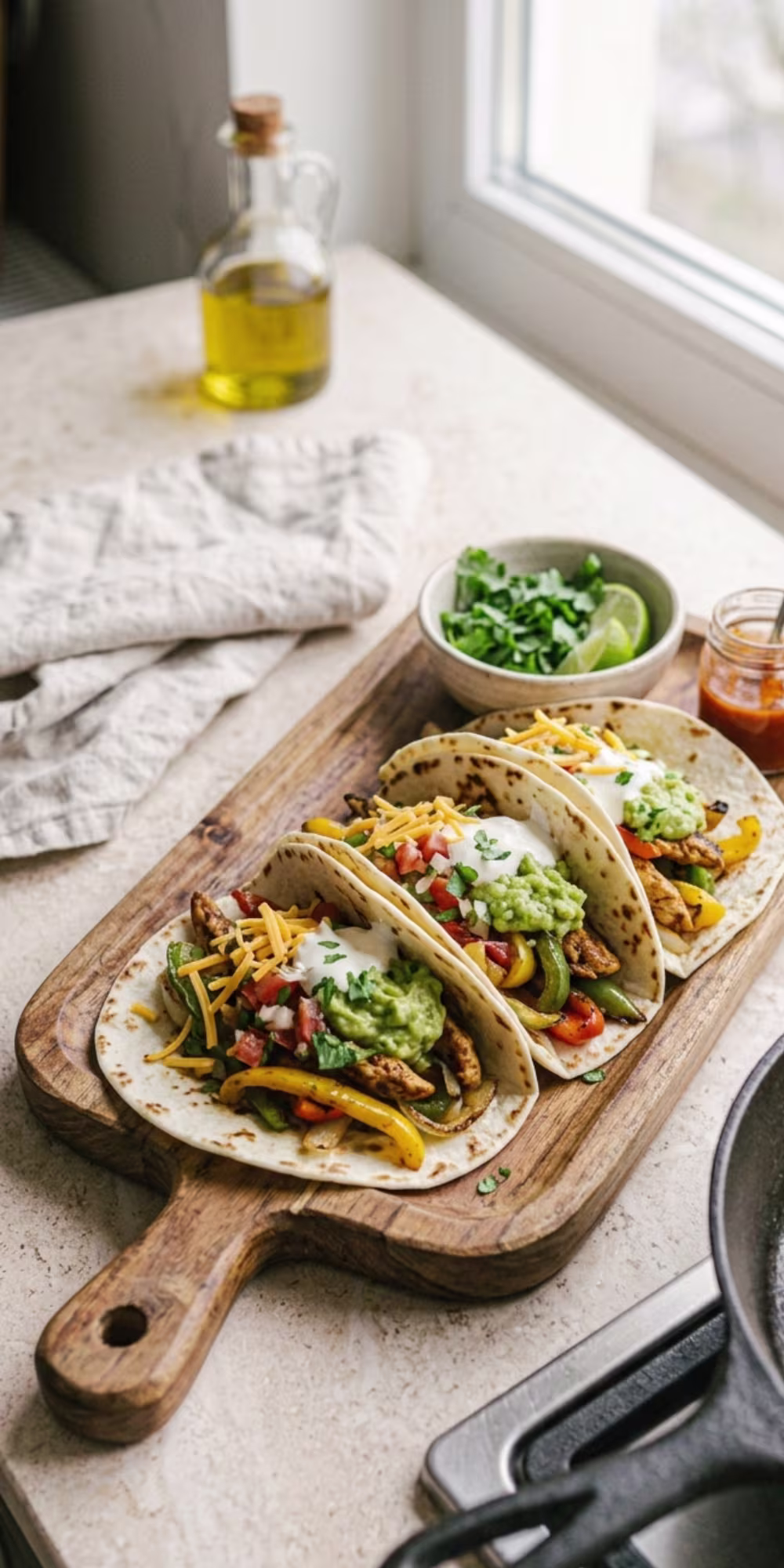 Restaurant style homemade chicken fajitas served in warm tortillas