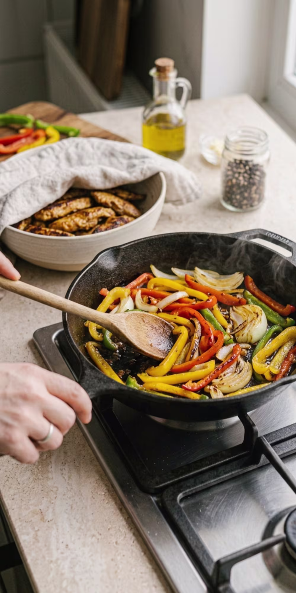 Cooking colorful bell peppers and onions for chicken fajitas