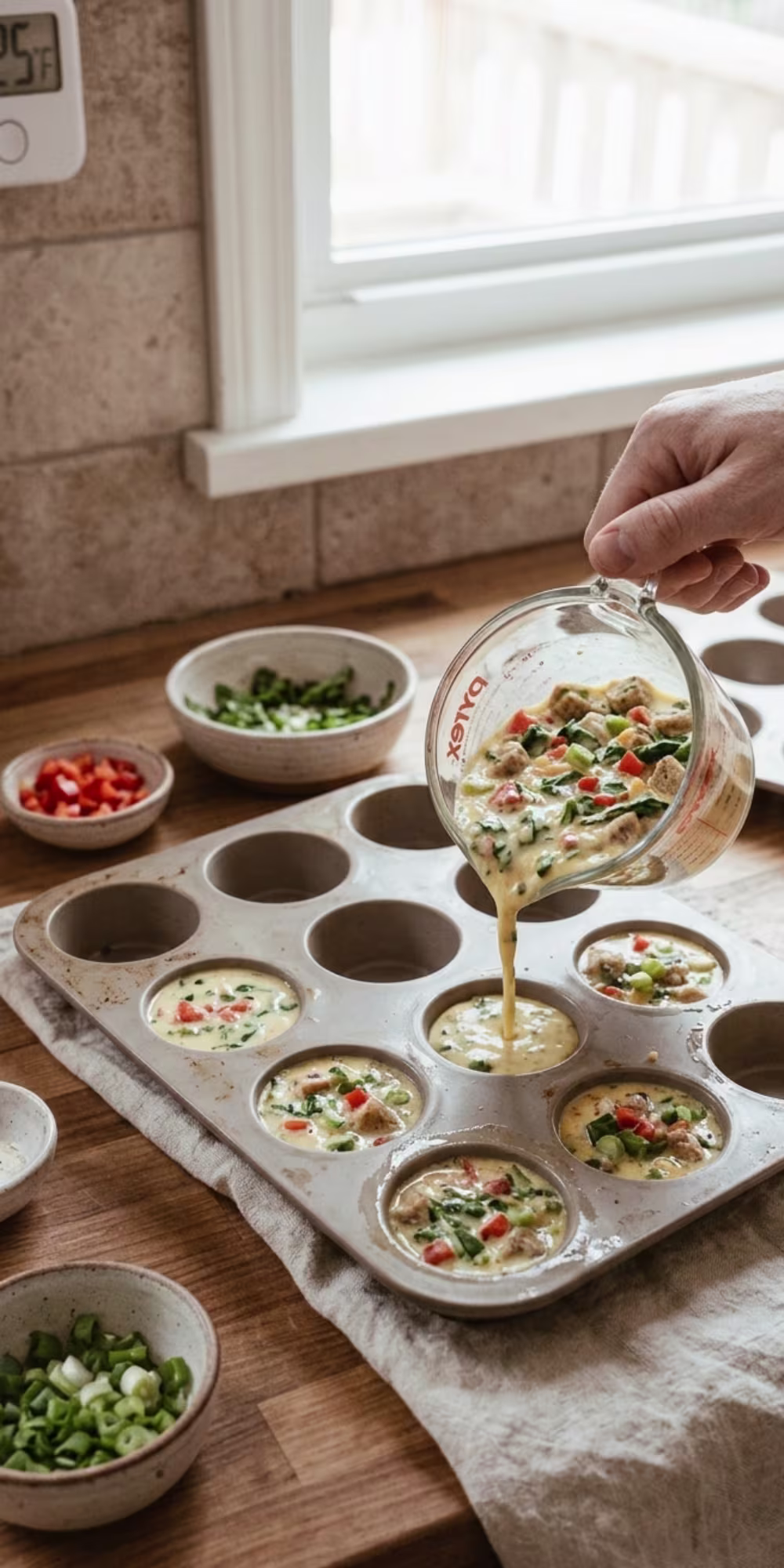 Pouring egg mixture into silicone muffin cups