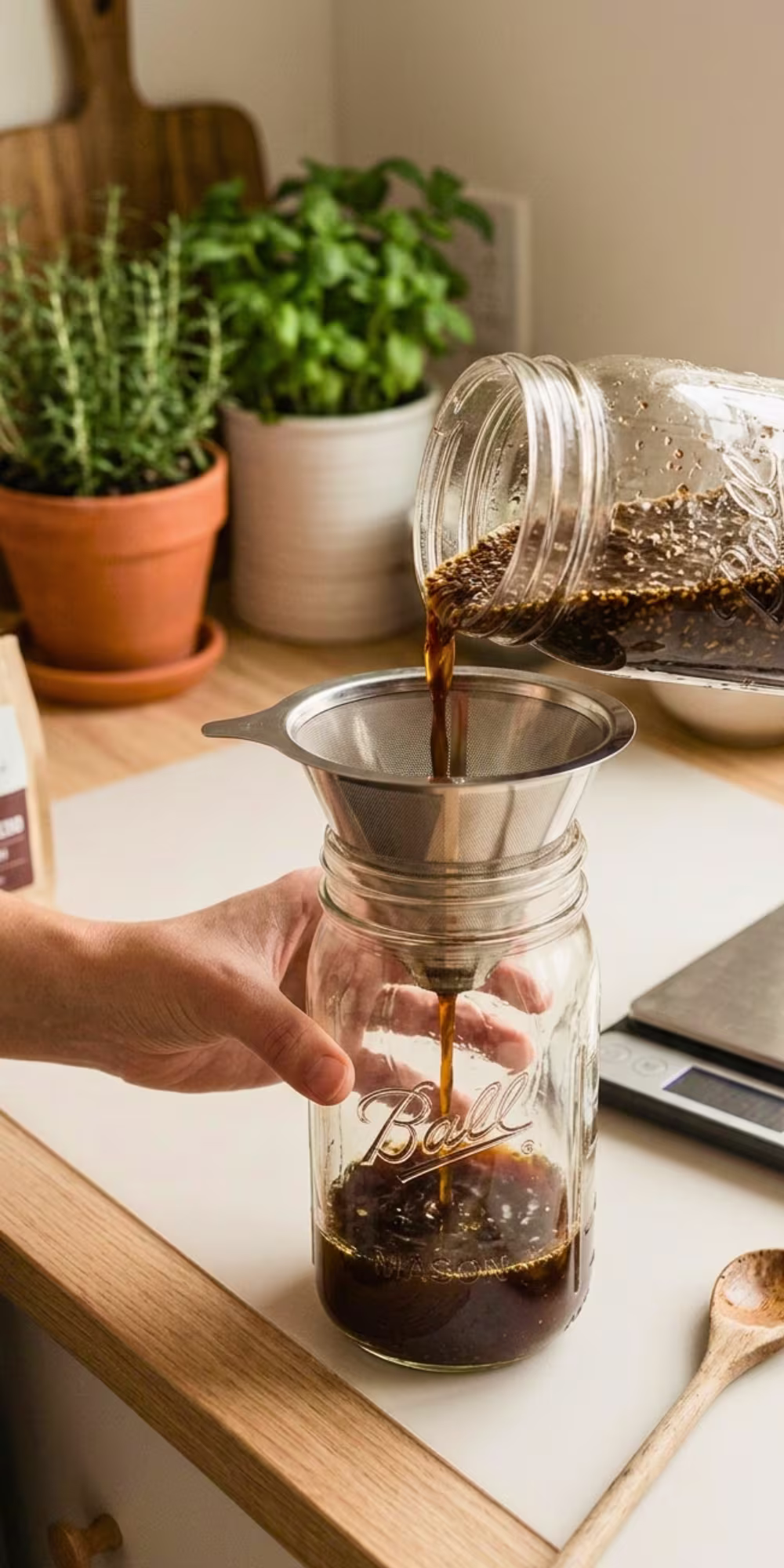 Filtering homemade cold brew concentrate through paper filter