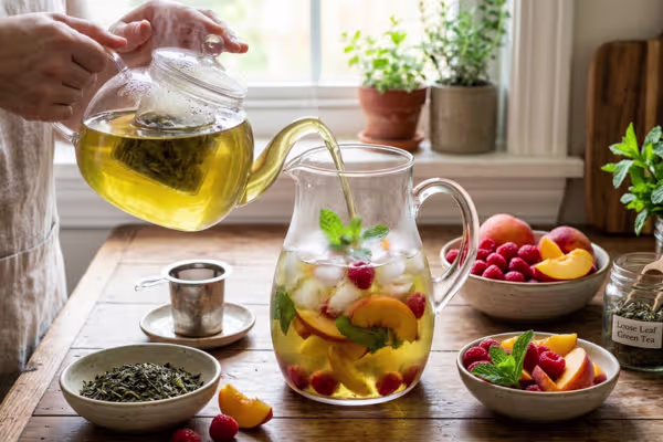 Green tea with peaches and raspberries for healthy fruit infused iced tea