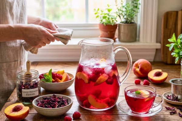 Bright red hibiscus tea for peach raspberry iced tea