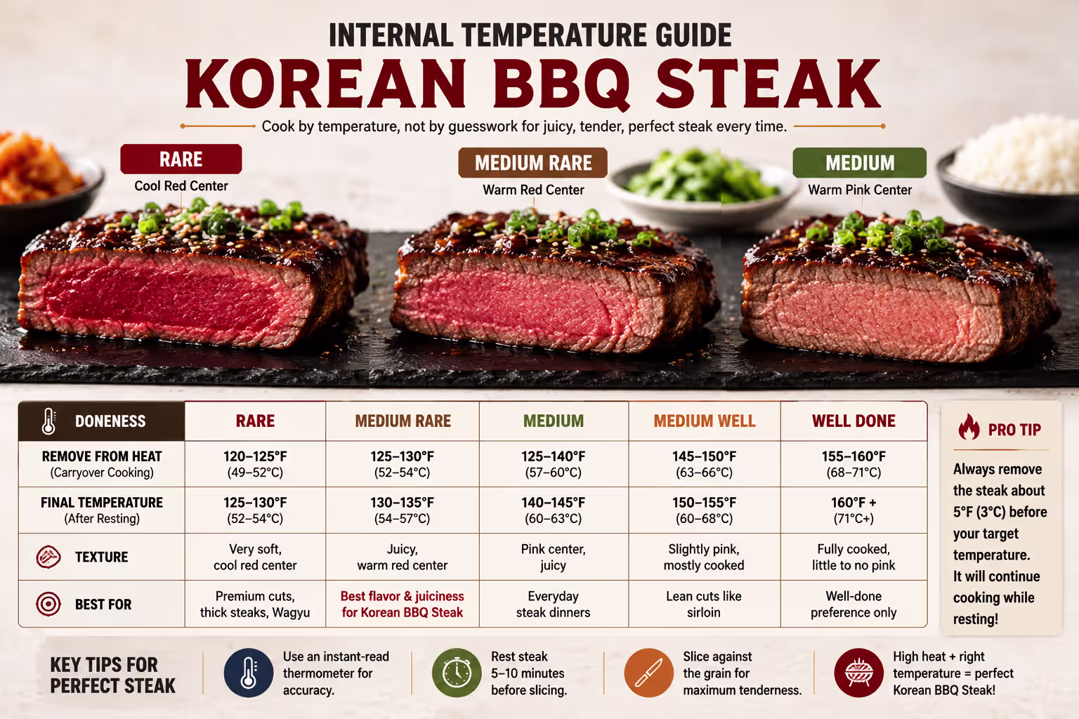 Internal temperature guide for Korean BBQ Steak showing rare, medium rare and medium doneness