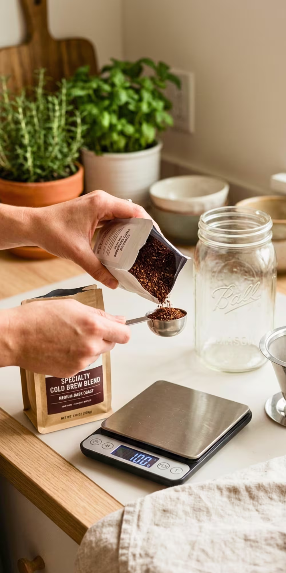 Measuring coarse coffee beans for homemade cold brew concentrate