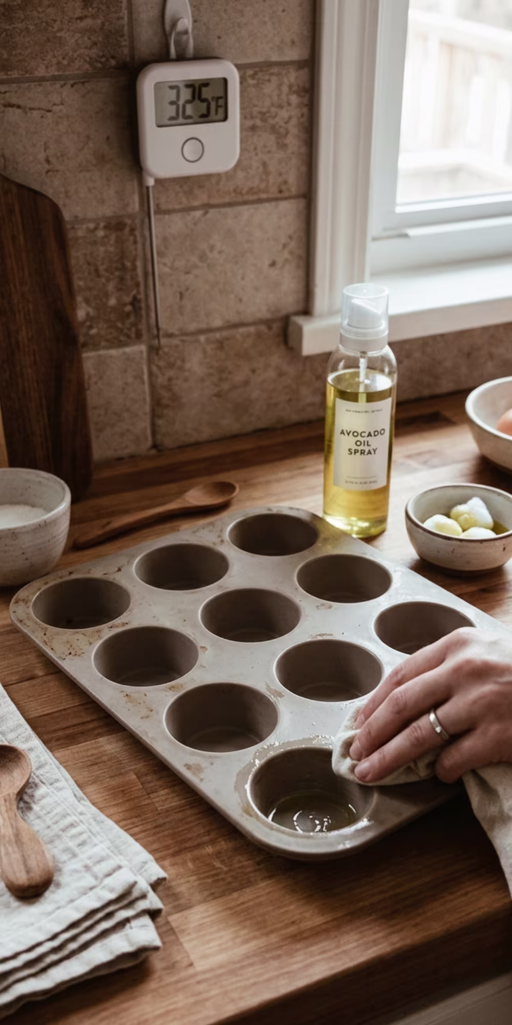 Preheating oven and greasing muffin pan for Cottage Cheese Egg Bites