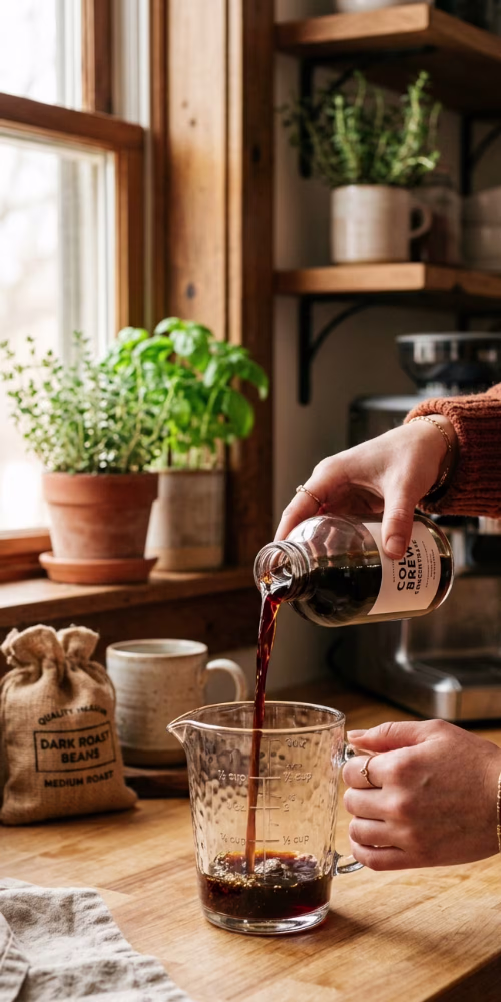 Pouring smooth homemade cold brew coffee concentrate into a measuring glass