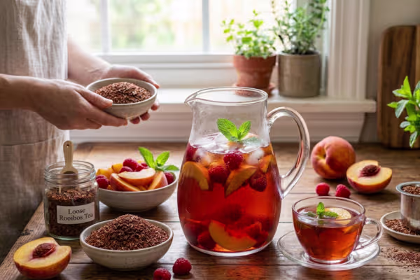 Rooibos tea with fresh peaches and raspberries