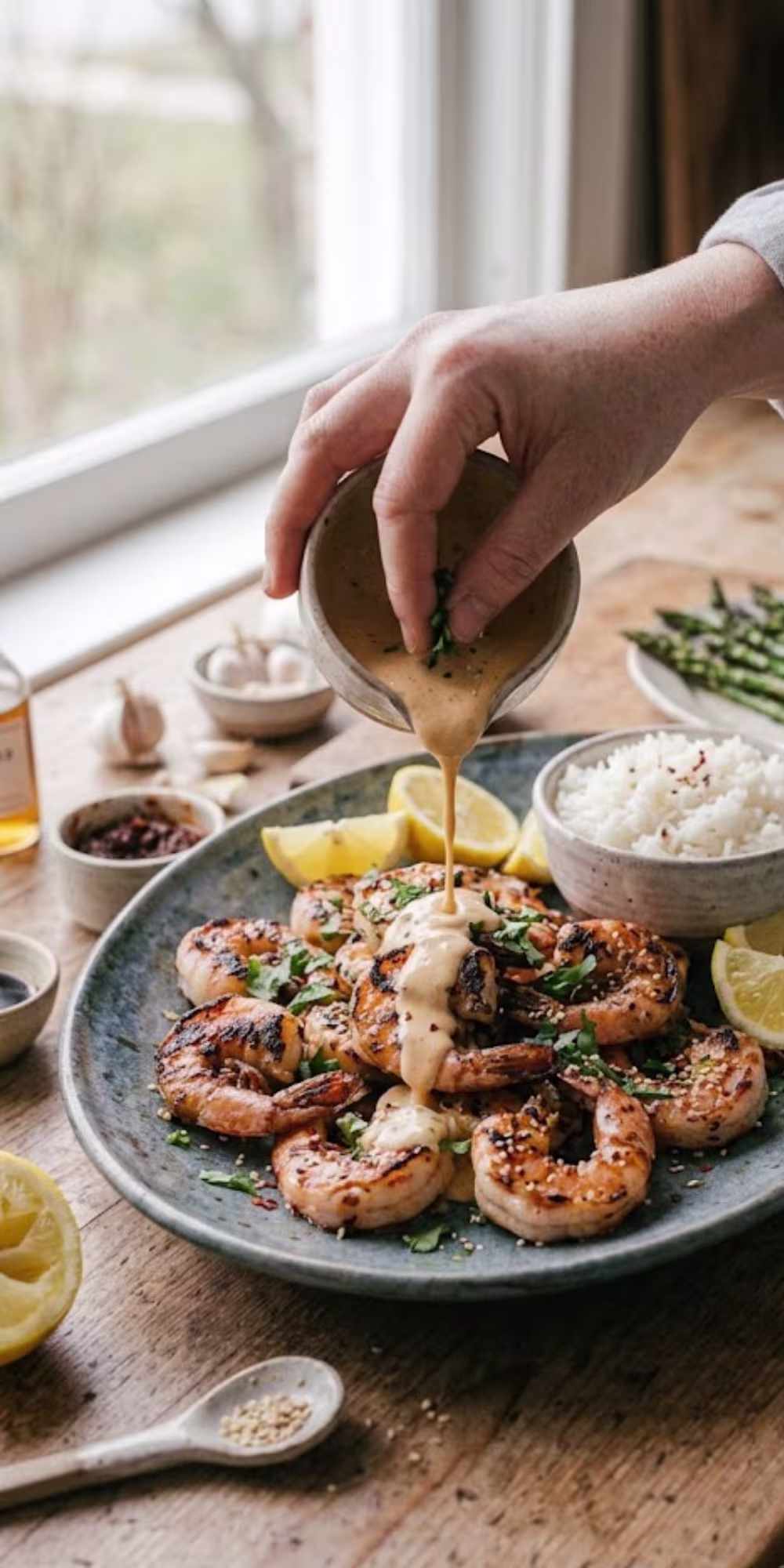 Serving Charred Shrimp With Shimi Sauce garnished with herbs