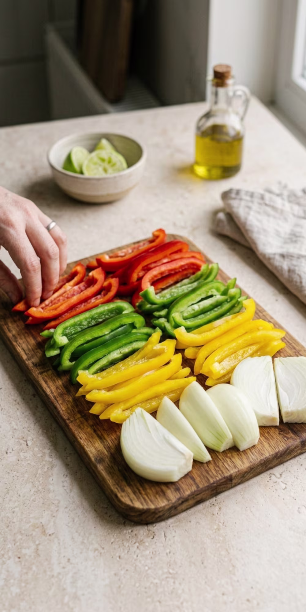 Fresh sliced bell peppers and onions for chicken fajitas