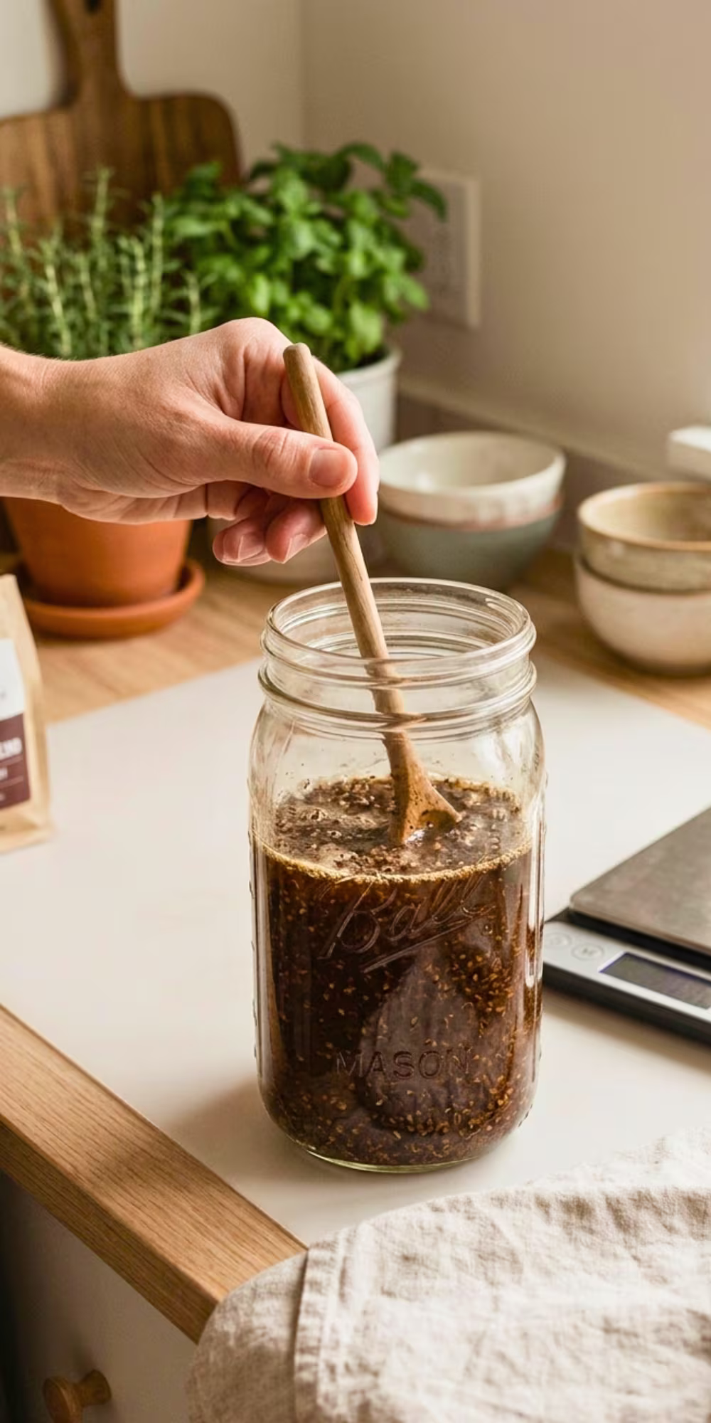 Mixing coffee grounds and water before steeping