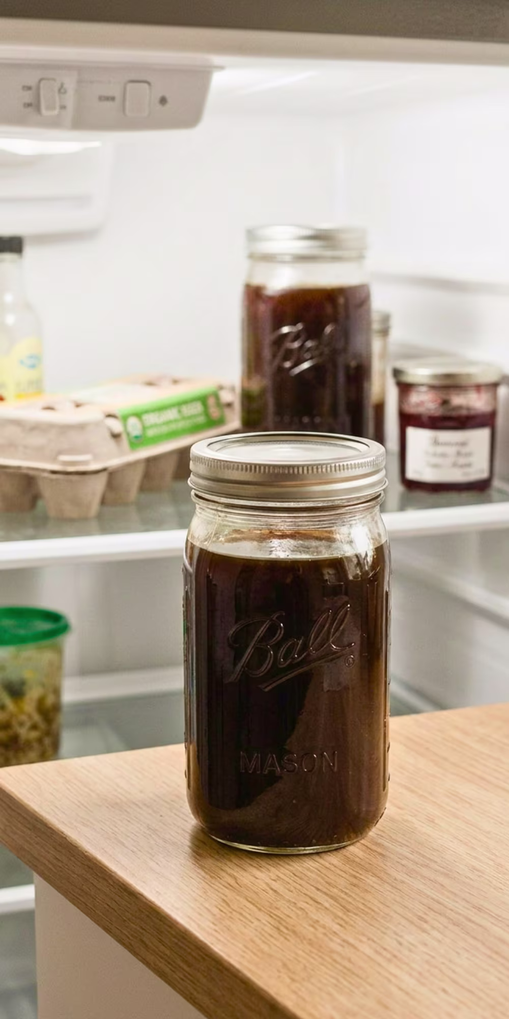 Storing homemade cold brew concentrate in glass bottle