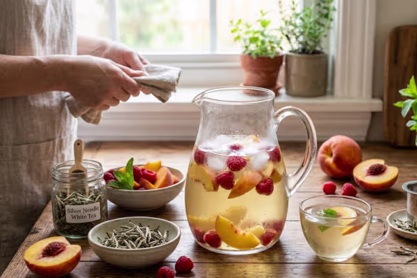 White tea infused with peaches and raspberries