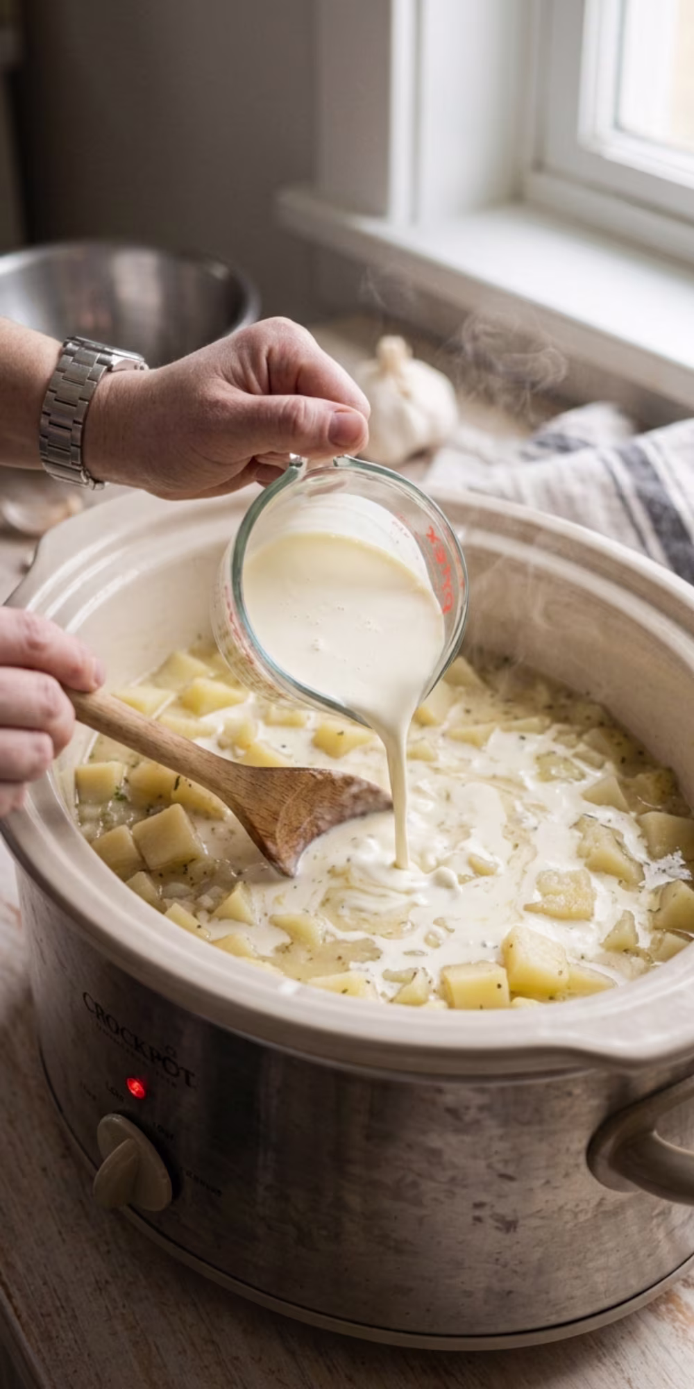 Cream and shredded cheese being stirred into creamy Crockpot potato soup