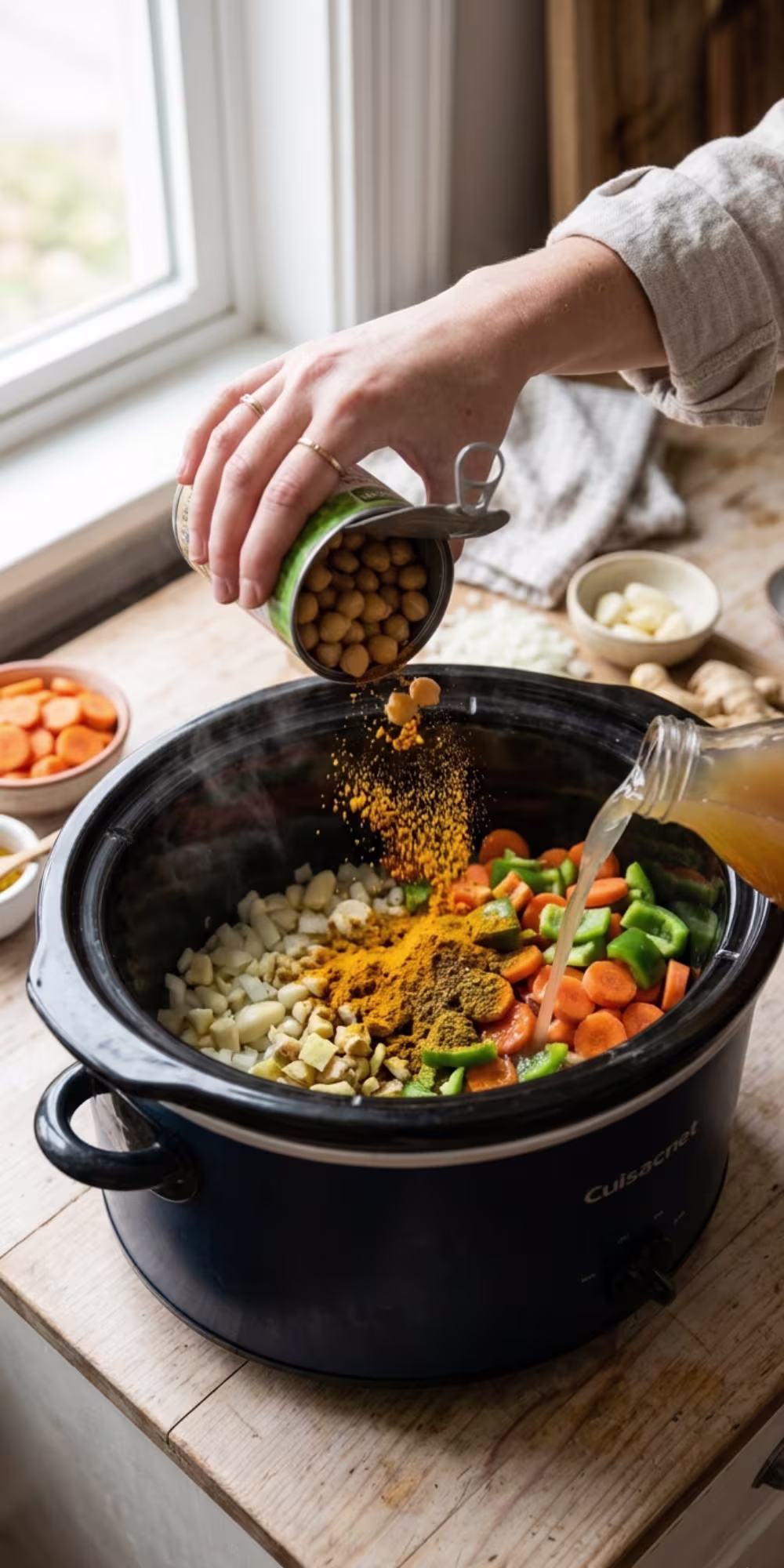 Chickpeas onion garlic ginger spices and vegetables arranged in a slow cooker