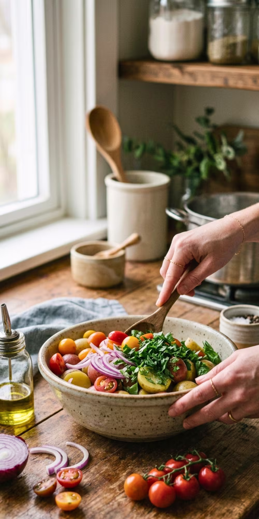 Adding fresh tomatoes red onion and herbs to potato salad