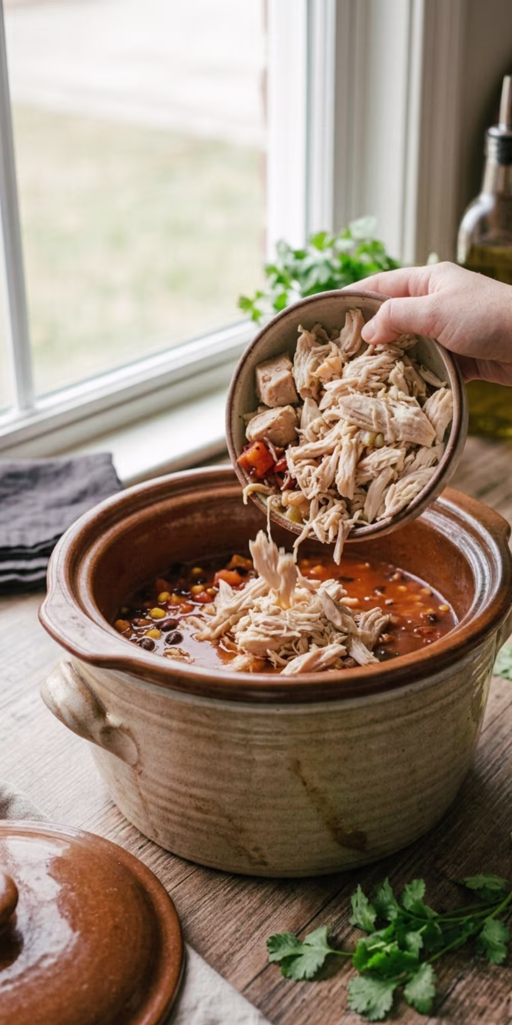 Shredded chicken returned to crock pot chicken tortilla soup