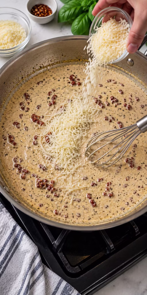 Add the Parmesan to the sauce of Creamy Parmesan Chicken