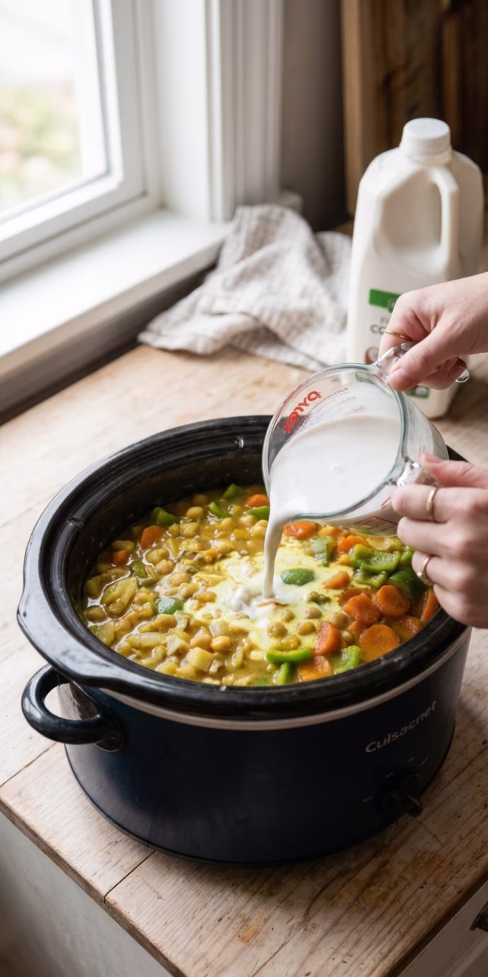 Coconut milk being added to creamy chickpea soup in a slow cooker