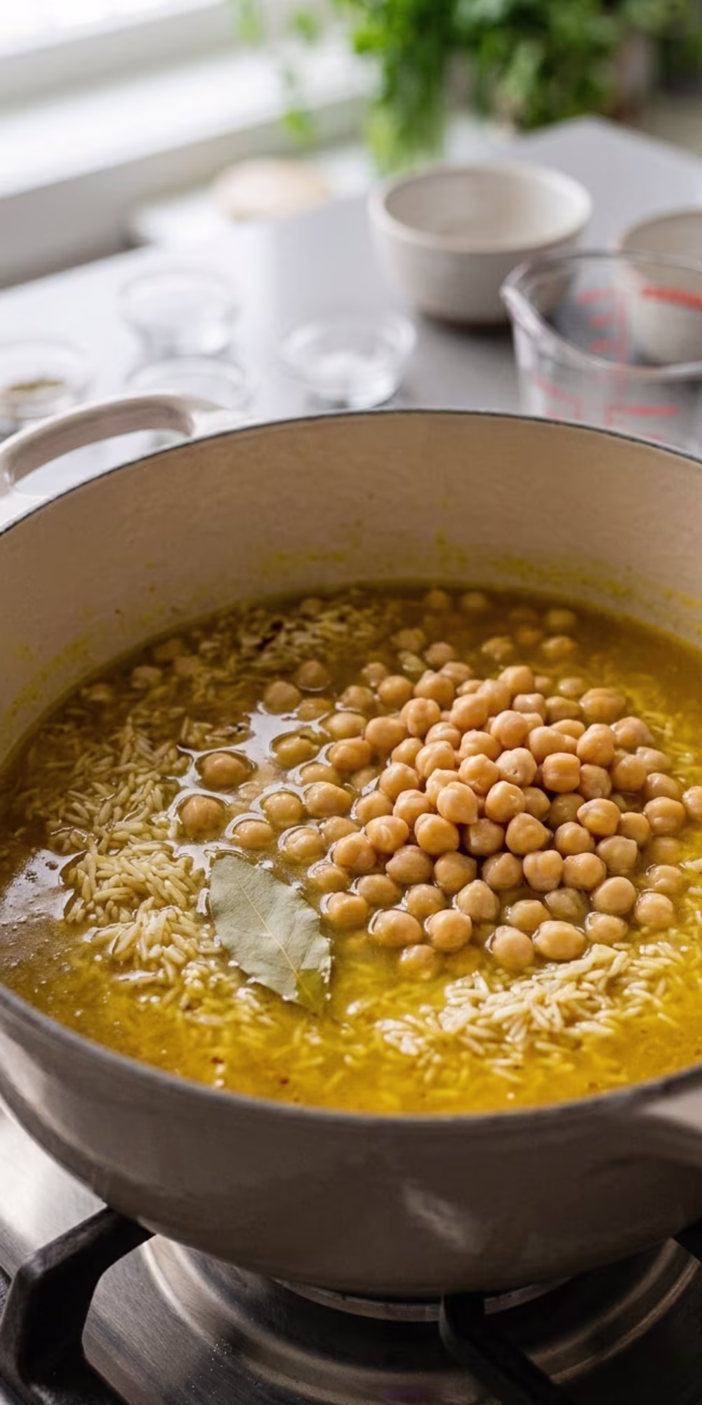 Adding chickpeas and broth into rice