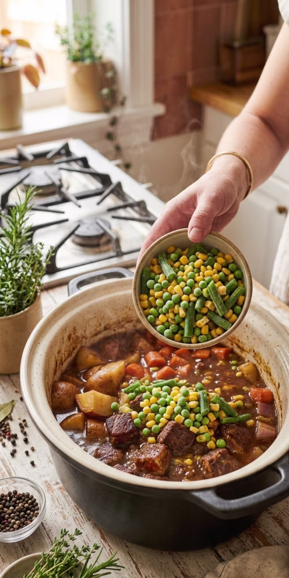 Adding frozen peas and vegetables to slow cooker vegetable beef soup