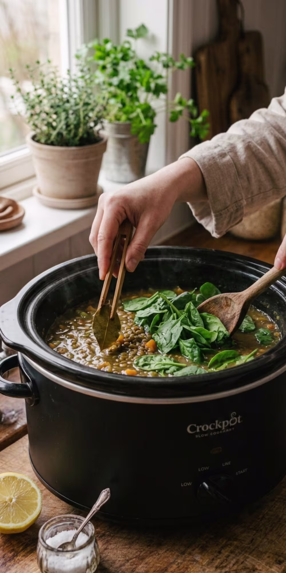 Adding spinach and lemon juice to finished Crockpot lentil vegetable soup