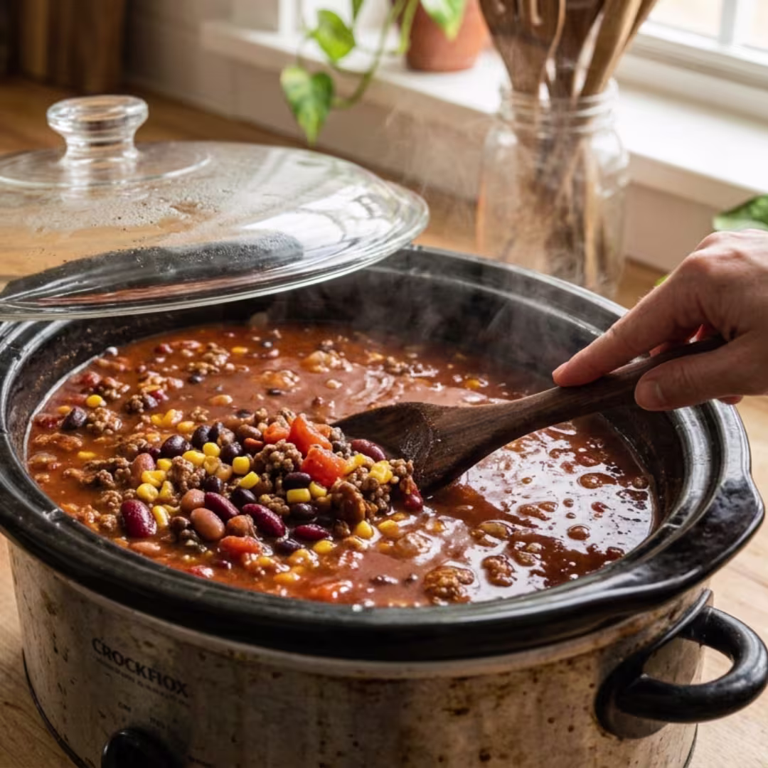 Adding taco seasoning beans corn tomatoes and broth to a crockpot